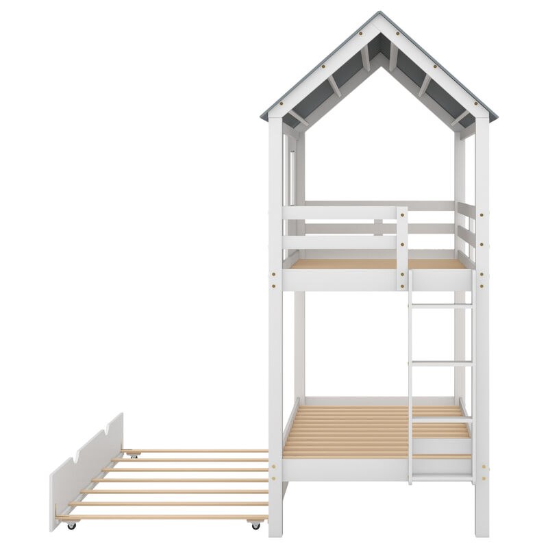 House Bunk Bed With Trundle, Roof And Windows Twin