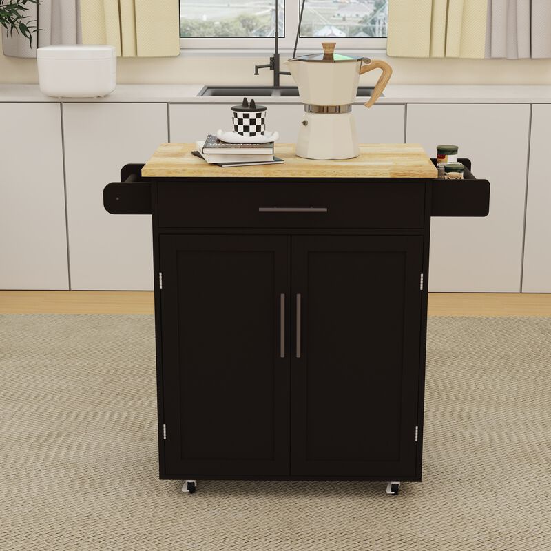 Black Wood 38.18 in. Kitchen Island with Adjustable Shelves and Towel Rack