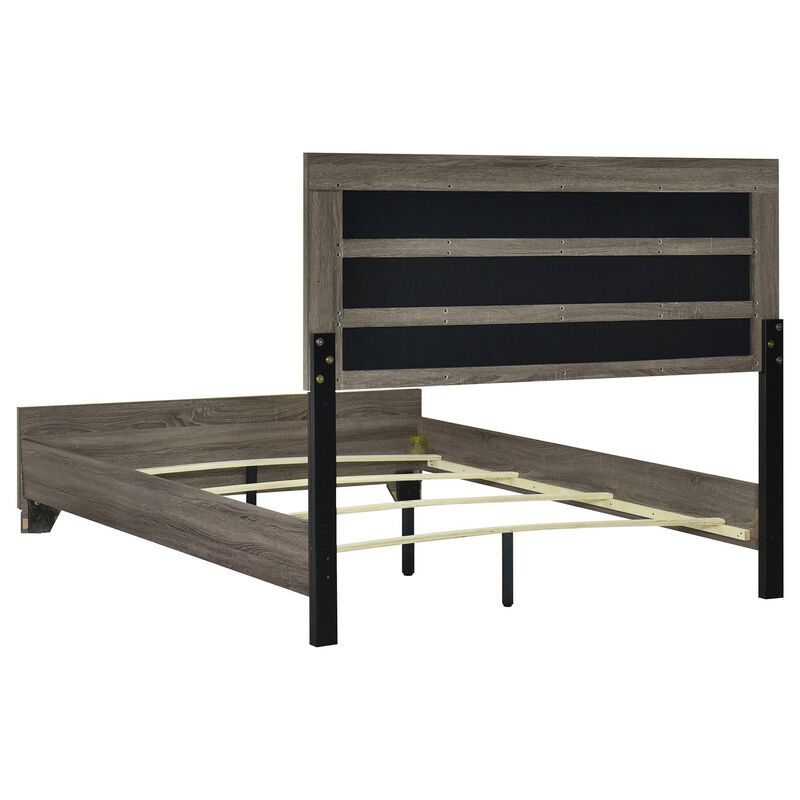 Reay King Size Bed, Oak Brown Wood, Tufted Tan Headboard Upholstery - Benzara