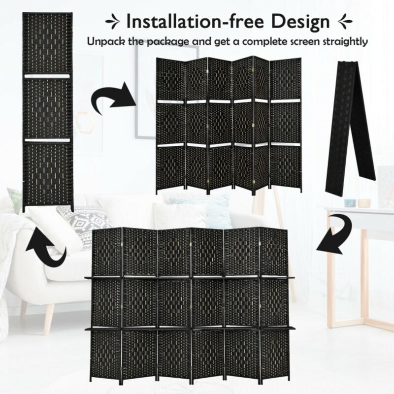 Hivvago 6 Panel Folding Weave Fiber Room Divider with 2 Display Shelves