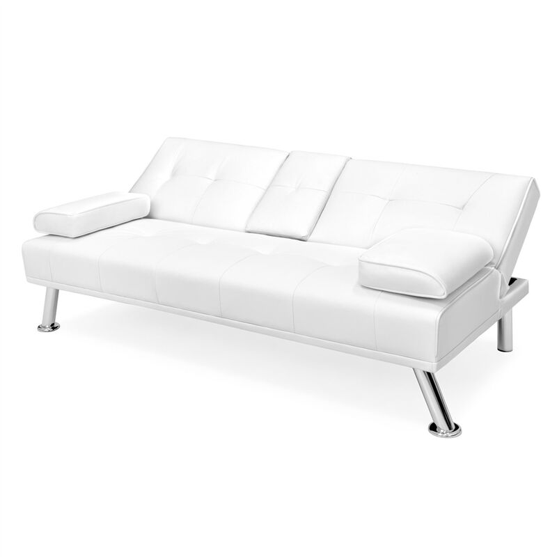 Hivvago White Faux Leather Convertible Sofa Futon with 2 Cup Holders