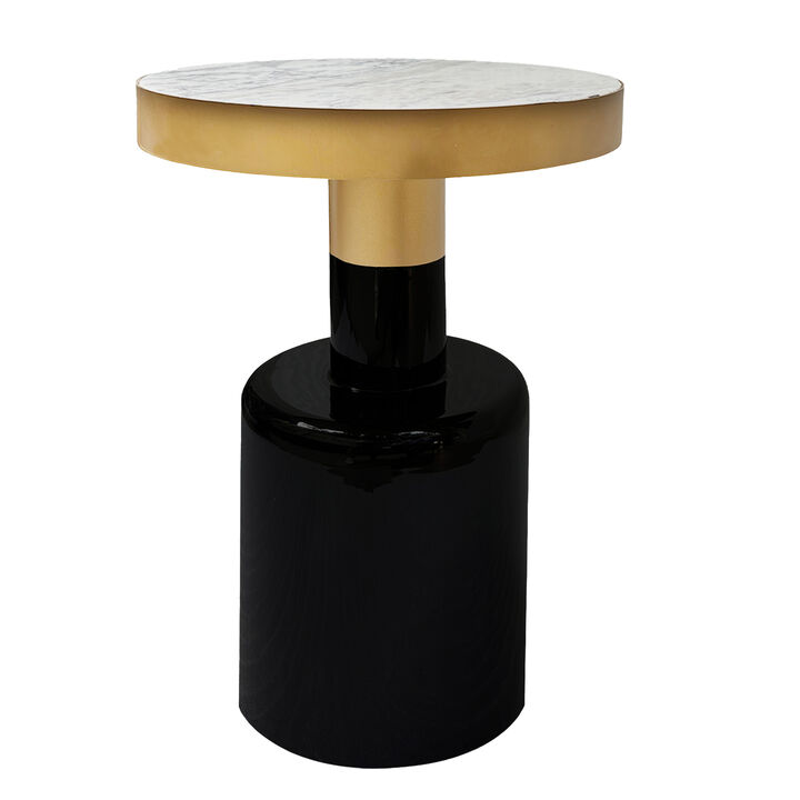 20 Inch Round Side End Table, Gold Banded Natural White Marble Top, Black Enamel Coated Iron Pedestal Base - Benzara