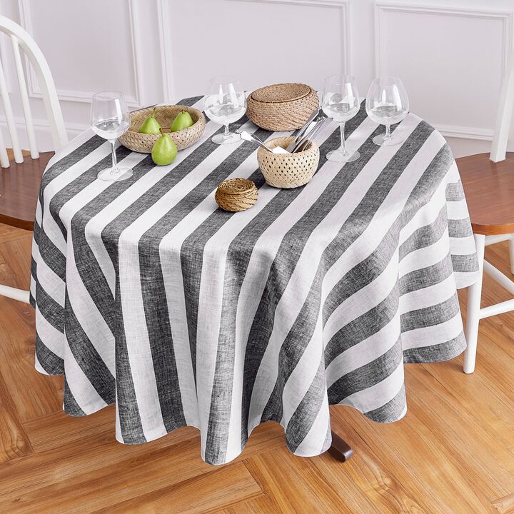 Solino Home 100% Pure Linen Round Tablecloth 70 Inch Diameter | Cabana Stripe