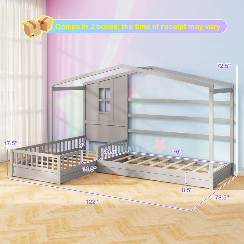 L-shaped Double House Platform Beds with Fences Corner Bed Frame