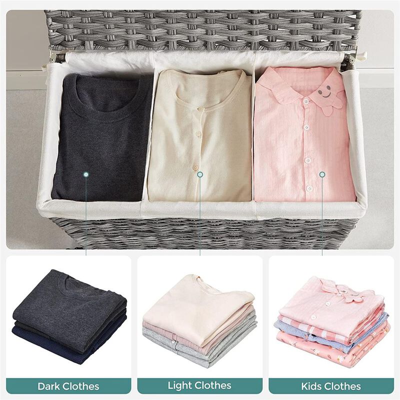 Gray Rattan-Style Laundry Basket, 140L with 3 Compartments, Lid, and Removable Liner