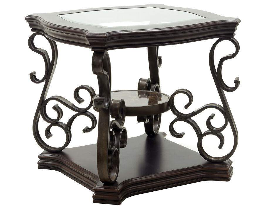 Glass Top End Table with MDF Marble Shelf & Metal Legs Powder Coat Finish