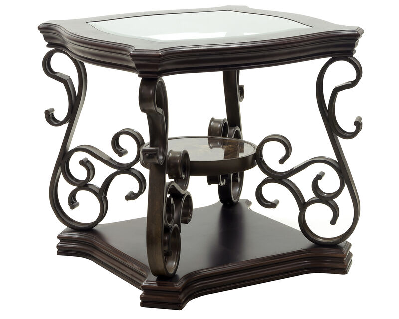 Glass Top End Table with MDF Marble Shelf & Metal Legs Powder Coat Finish