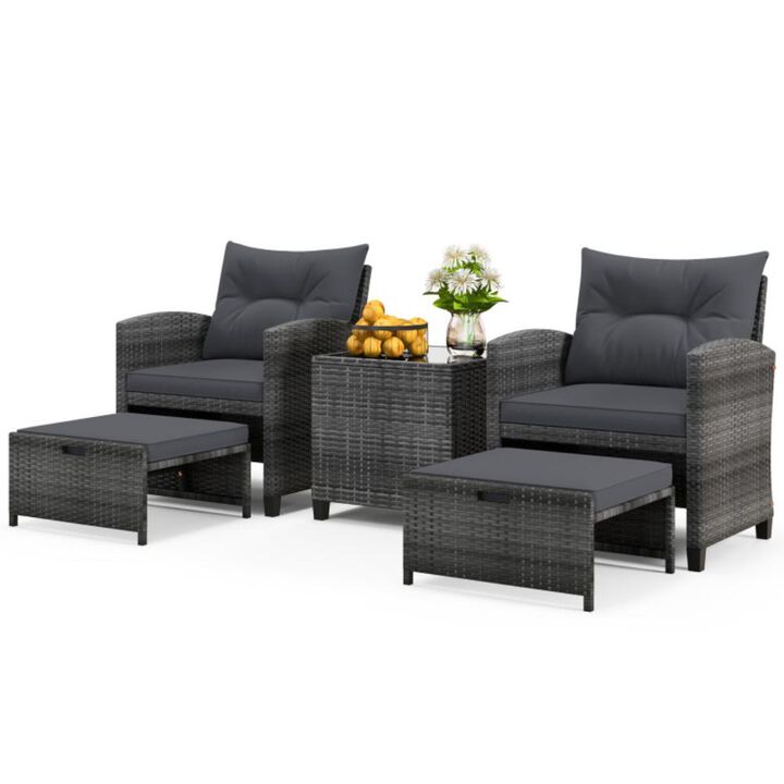 Hivvago 5 Piece Patio Rattan Furniture with 2 Ottomans and Tempered Glass Coffee Table