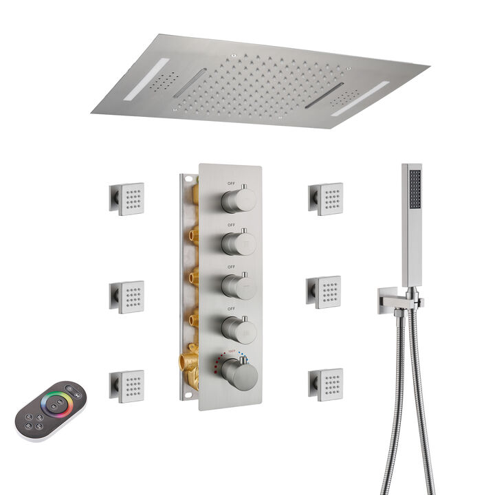 Mondawe 64 Colors LED Light and Music 3 Functions 4 Sprays Flush Ceiling Mounted Thermostatic Shower System with 6 Body Jets and Rough-in Valve in Titanium Gold