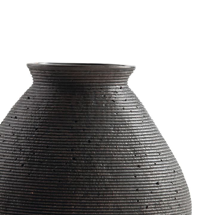 Dale 12 Inch Round Polyresin Vase, Wavy Ribbed Spiral Texture Antique Brown-Benzara