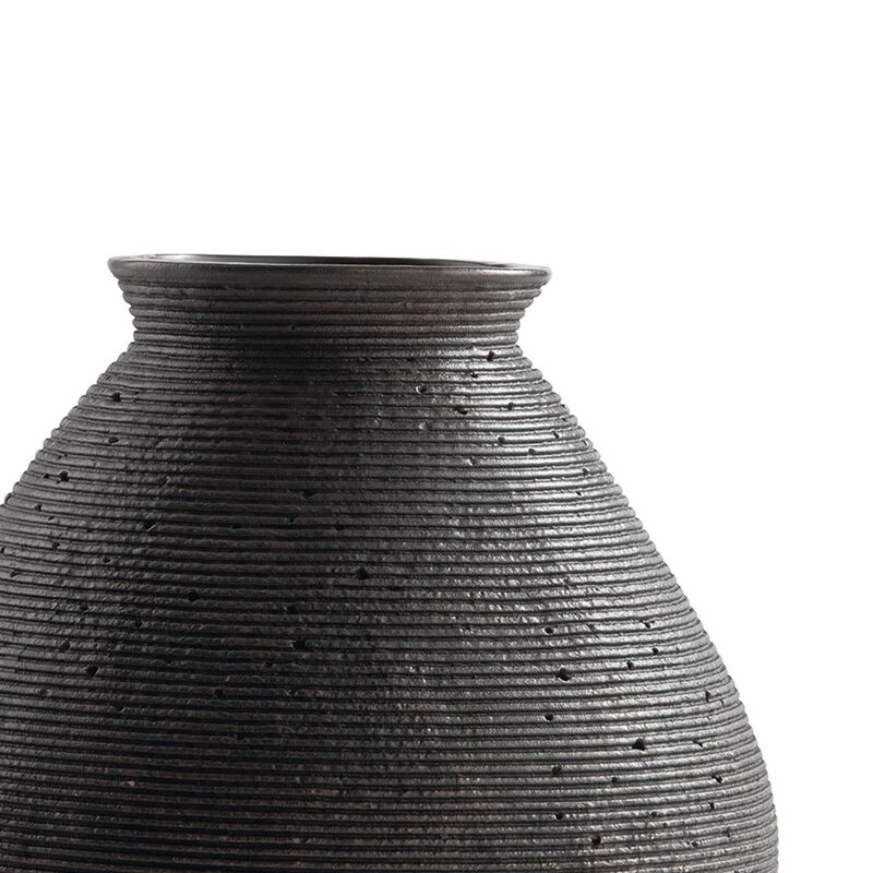 Dale 12 Inch Round Polyresin Vase, Wavy Ribbed Spiral Texture Antique Brown-Benzara