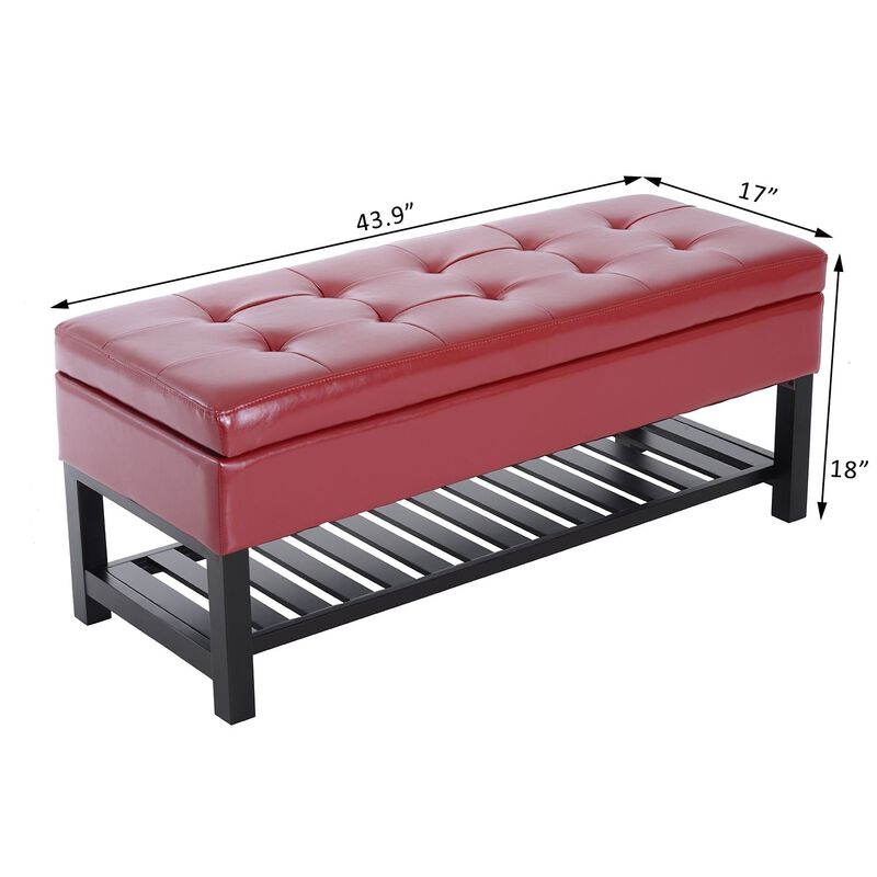 Bold Storage Solution: 44" Crimson Faux Leather Tufted Ottoman Bench