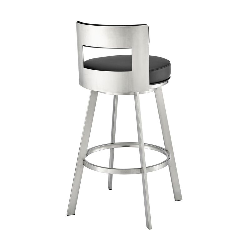Ami 30 Inch Swivel Barstool Chair, Black Faux Leather, Stainless Steel - Benzara