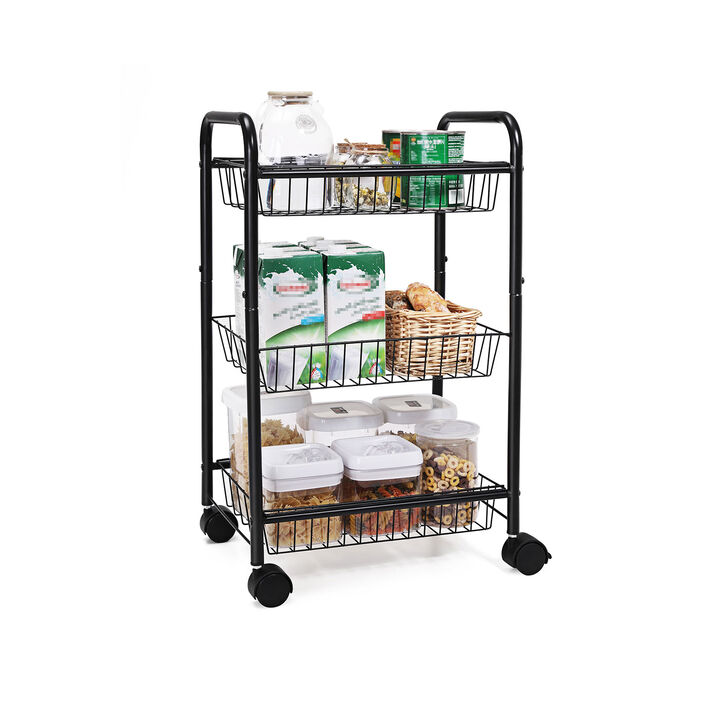Rolling 3-Tier Metal Cart with Baskets and Lockable Wheels