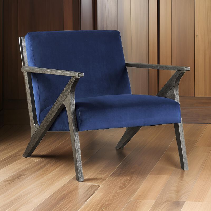 Esme 35 Inch Accent Chair Wood Armchair, Blue Velvet Cushioned Seat, Gray - Benzara