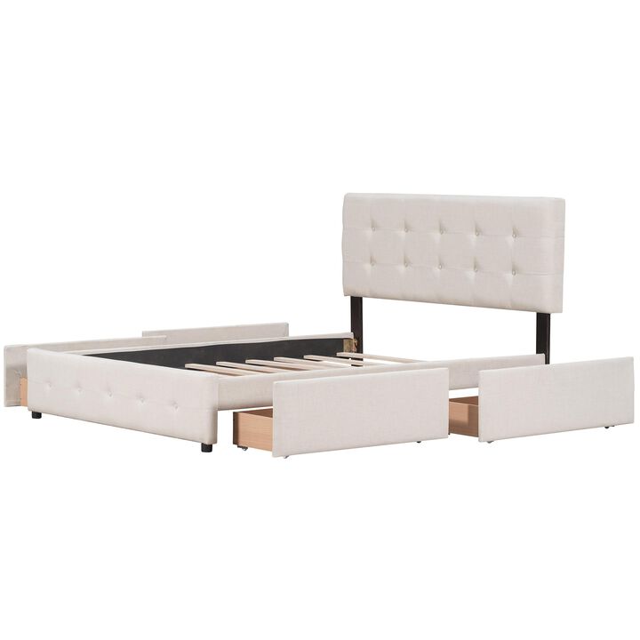 Linen Upholstered Platform Bed with 4 Drawers and Classic Headboard Design