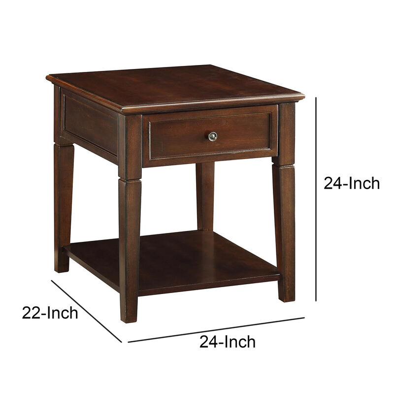Wooden End Table with One Drawer and One Shelf, Walnut Brown-Benzara