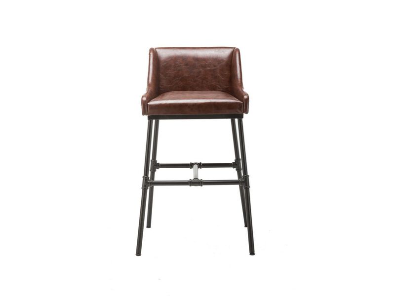 Leatherette Bar Stool with Riveted Metal Backing, Brown and Black-Benzara