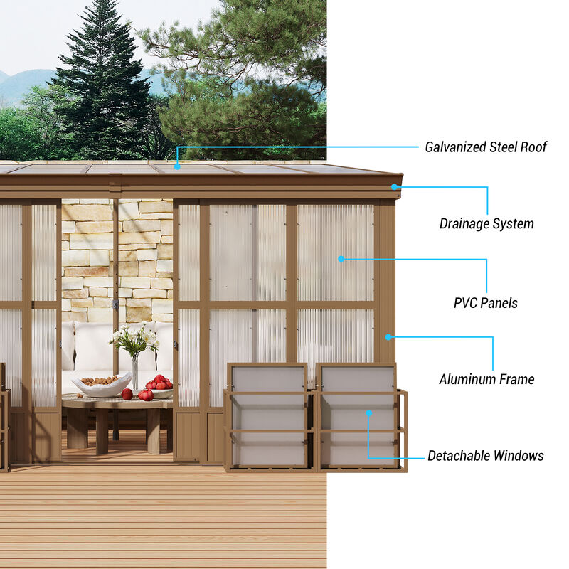 MONDAWE Lean to Sunroom 12x14FT Wall Mounted Solarium with Sloping Roof, Detachable Screens, 2 Lockable Sliding Doors