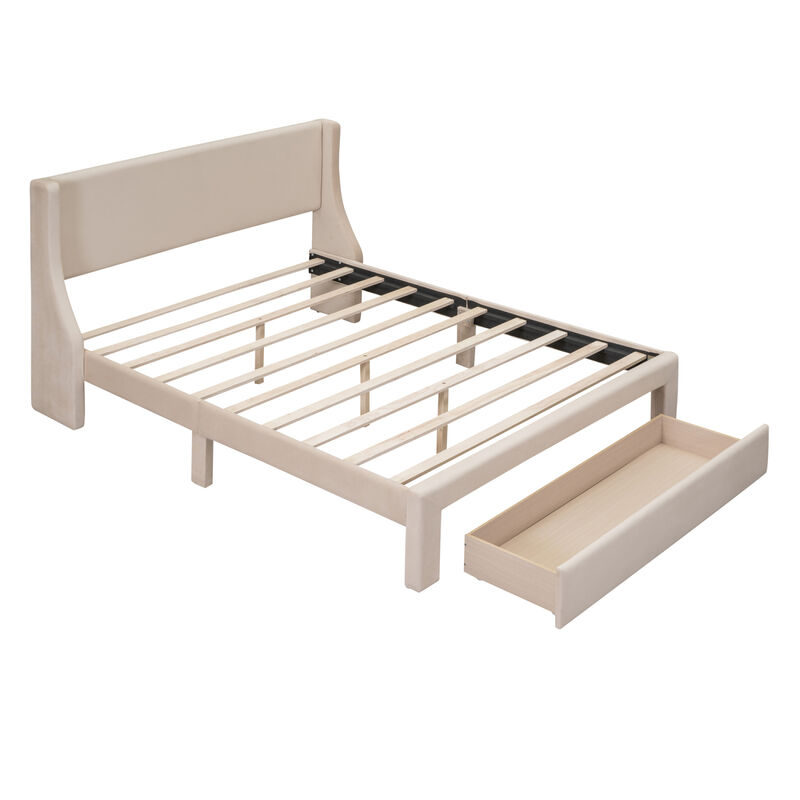 Queen Size Storage Bed Velvet Upholstered Platform Bed with a Big Drawer