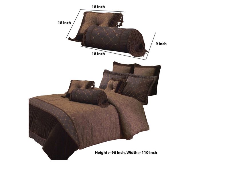 10 Piece King Polyester Comforter Set with Paisley Pattern Design, Brown - Benzara