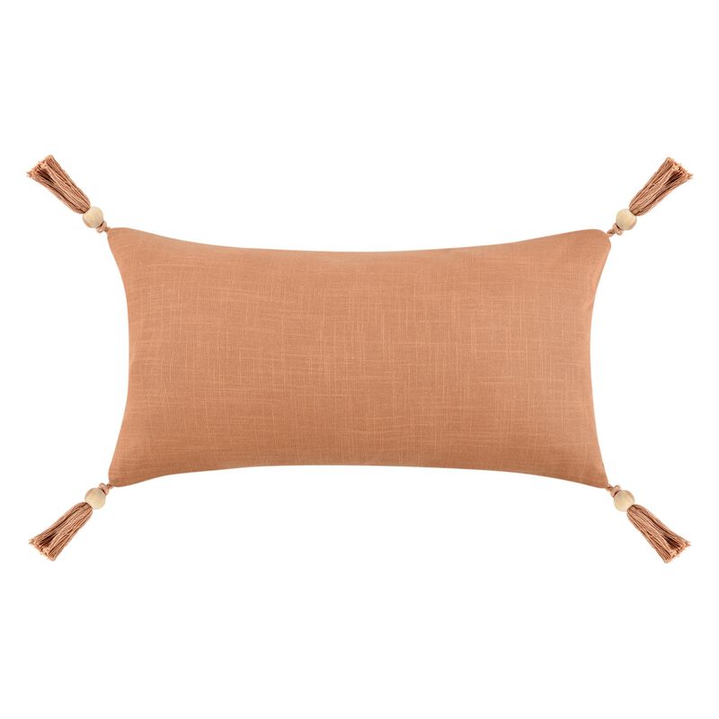 Chia Lumbar Throw Pillow, 14x26in Wood Bead Tassels, Light Brown Linen - Benzara