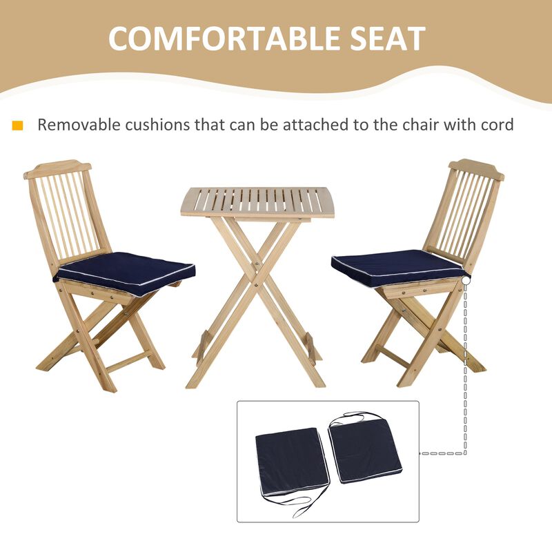Natural Wood Bistro: 3-Piece Folding Set with Cushions for Patio