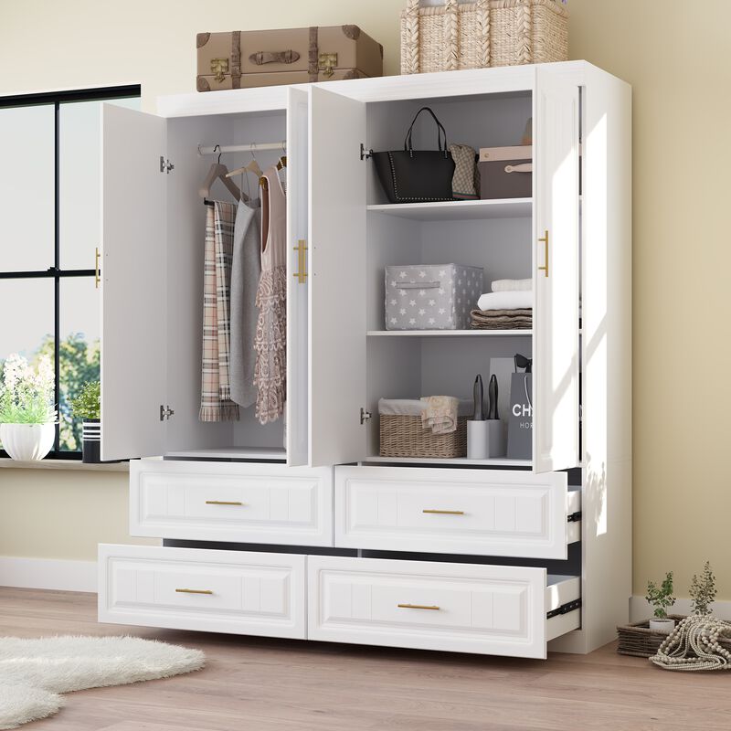 FUFU&GAGA 4-Door Wardrobe Closet with 4 Drawers, Cube Storage, and Hanging Rod - Coastal Style White Armoire Wardrobe Cabinet,(63" W x 20.6" D x 74.2" H),White