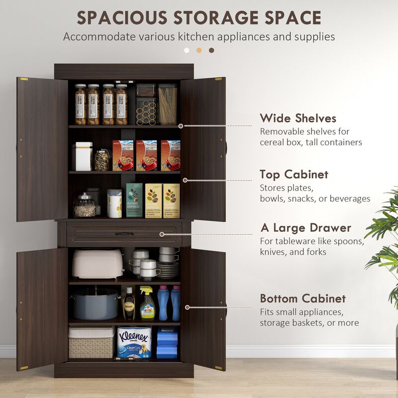 71" Coffee Tall Kitchen Pantry: 4 Doors, 2 Cabinets, Drawer