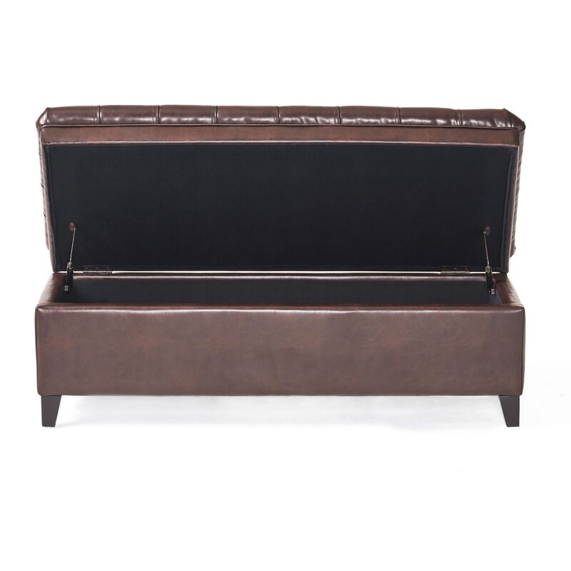 Rhya Storage Ottoman Bench, Brown Faux Leather, Black Wood, 50 Inch -Benzara
