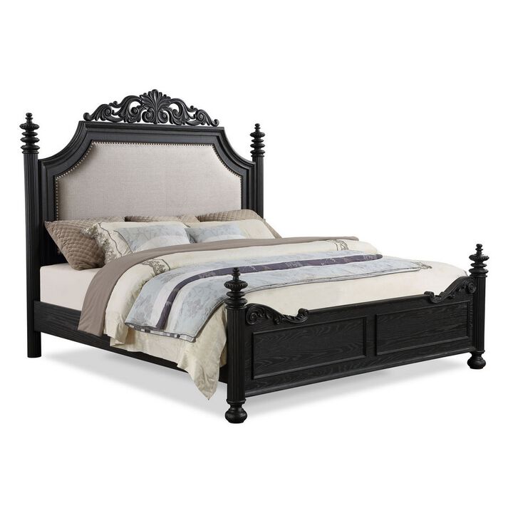 Berry King Size Bed, Scrolled Headboard, Cream Upholstery, Black Wood - Benzara