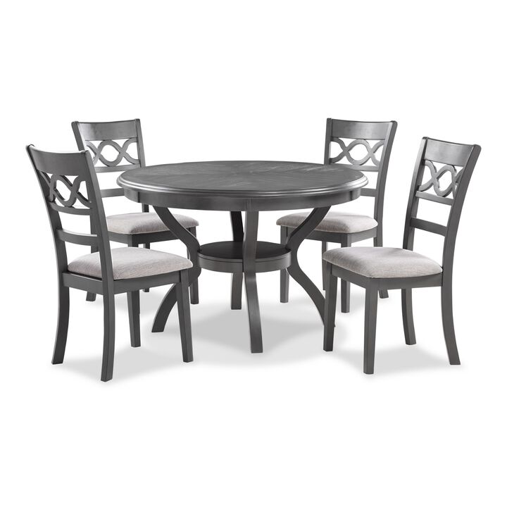 Ceri 5 Piece Round Dining Table and Chair Set, Gray Wood, White Fabric - Benzara