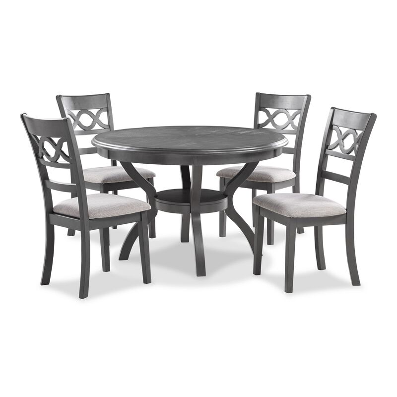 Ceri 5 Piece Round Dining Table and Chair Set, Gray Wood, White Fabric - Benzara