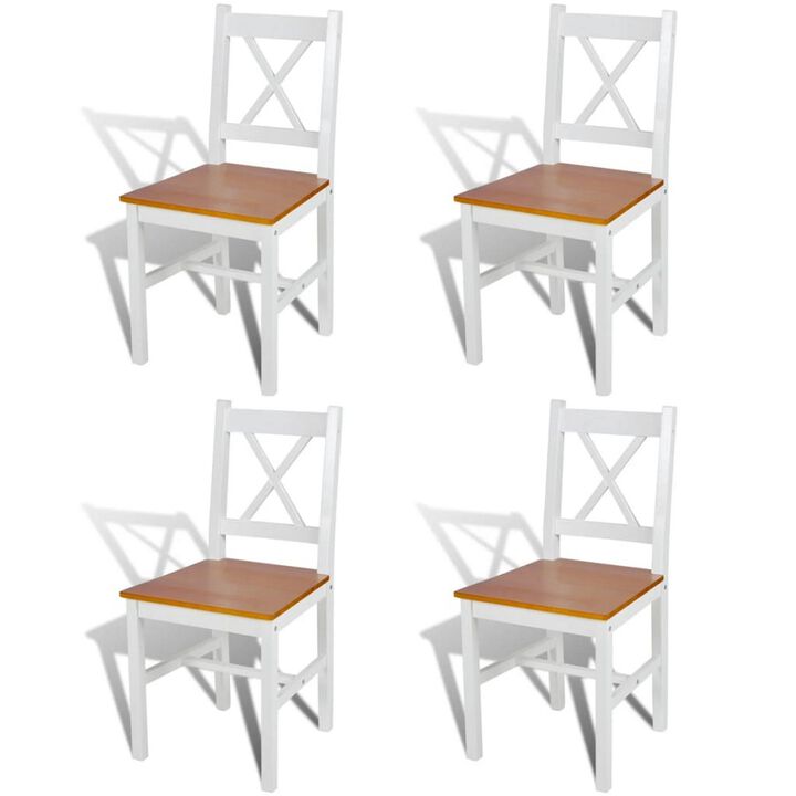 Outdoor Dining Side Chair Set of 4, Square Brown Pine Wood Seat, White - Benzara
