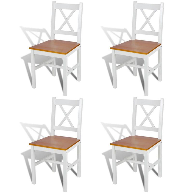 Outdoor Dining Side Chair Set of 4, Square Brown Pine Wood Seat, White - Benzara