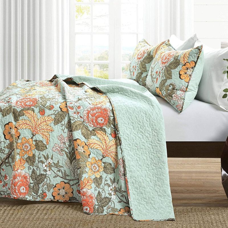 Hivvago Full/Queen 3 Piece Farmhouse Teal Blue Floral Cotton Reversible Quilt Set