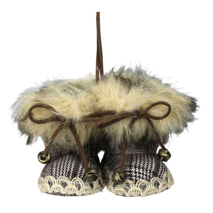 3" Houndstooth Plaid Booties with Faux Fur Christmas Ornament