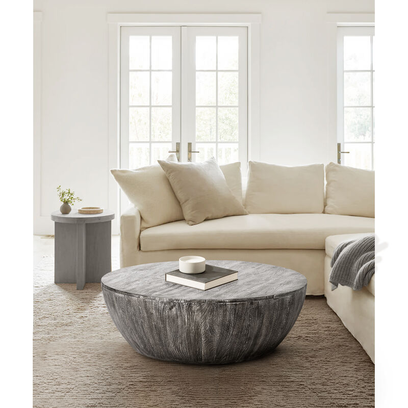 Arthur 36 Inch Farmhouse Style Handcrafted Mango Wood Coffee Table, Round Drum Shape, Sandblasted Black - Benzara