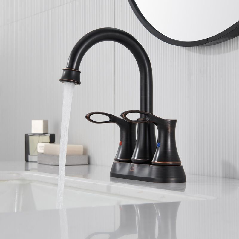 Mondawe 4 Inch 2-Handle Centerset High Arc Bathroom Sink Faucet Lavatory Faucet with Stainless Steel Drain
