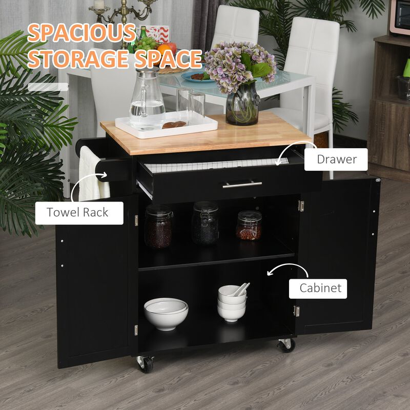 Black Kitchen Trolley: Portable Storage with Rubberwood Top