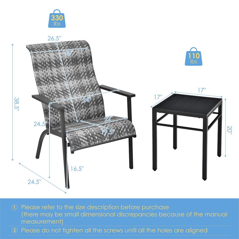 3 Pieces Patio Rattan Bistro Set with High Backrest and Armrest