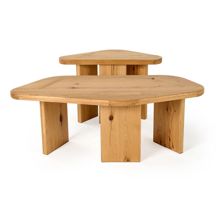 Cid Kirk Coffee Table Set of 2, Freeform Shape, Natural Oak Wood Frame - Benzara