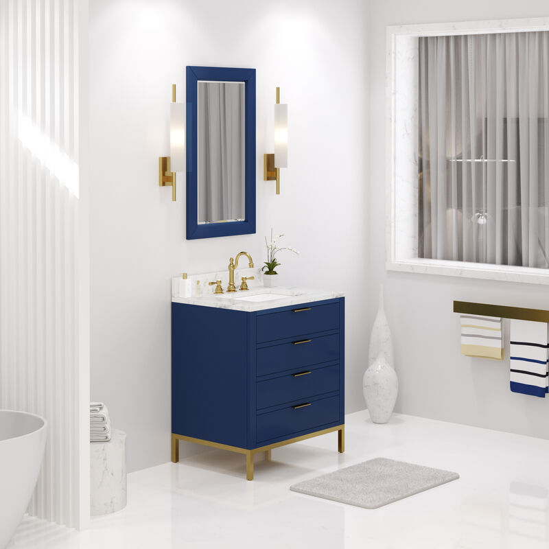 Bristol 30 In. Single Sink Carrara White Marble Countertop Bath Vanity in Monarch Blue