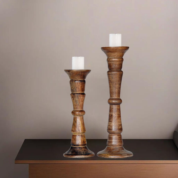 Traditional Medium Burnt Eco-friendly Handmade Mango Wood Set Of Two 12" & 15" Pillar Candle Holder BBH Homes