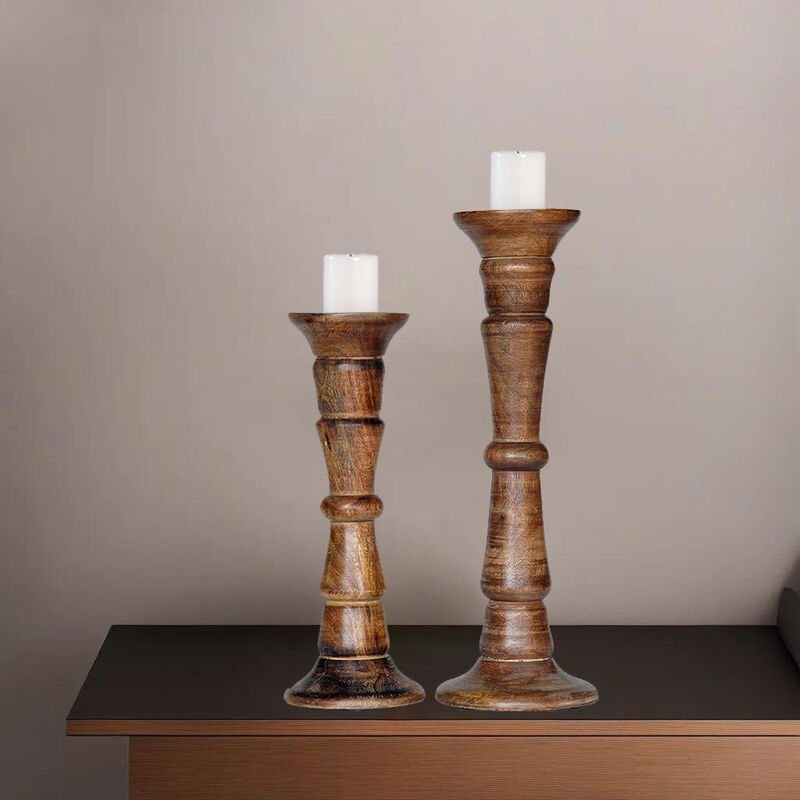 Traditional Medium Burnt Eco-friendly Handmade Mango Wood Set Of Two 12" & 15" Pillar Candle Holder BBH Homes