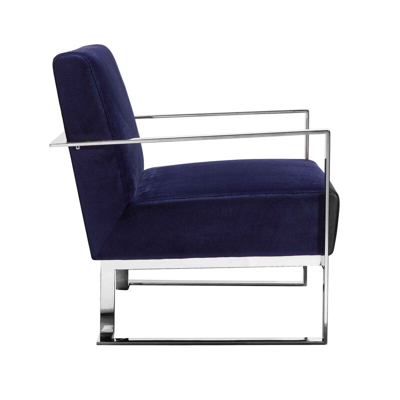 Boly 28 Inch Lounge Chair, Navy Velvet, Foam Cushions, Chrome Steel Base - Benzara