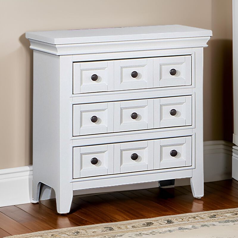 Cile 26 Inch Nightstand, 3 Panel Drawers, White Wood, Round Nickel Handles-Benzara