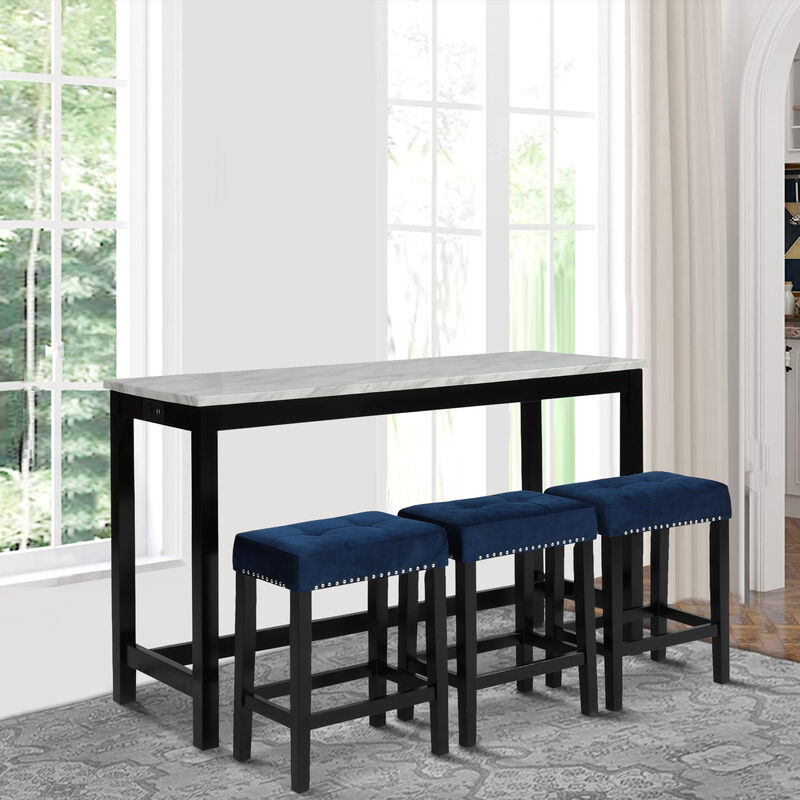 Kate 60 Inch 4 Piece Bar Table Set with Upholstered Stools, Blue - Benzara