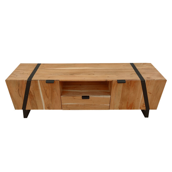 Aza 59 Inch Handcrafted TV Console with Drawer Natural Brown Acacia Wood Cabinet - Benzara Aza 59 Inch Handcrafted TV Console with Drawer Natural Brown Acacia Wood Cabinet - Benzara