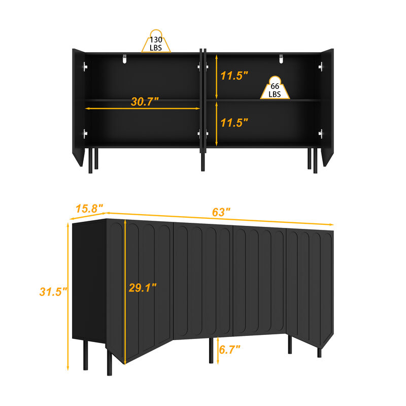 FUFU&GAGA Modern Black Sideboard with 4 Cabinet Doors, 2 Adjustable Shelves, and Tapered Legs (63" W x 31.5" H x 15.8" D), Black